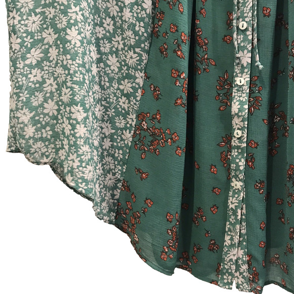 Free People Serena Floral Bell Sleeve Blouse Top Patchwork Button Green Small - Picture 7 of 12